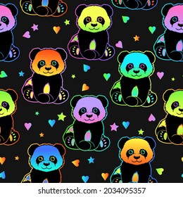 Pandas seamless pattern. Bright colorful rainbow panda illustration for textile print