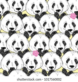 A lot of pandas seamless pattern. Vector wallpaper with chinese symbol animal.