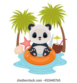 Panda's summer vacations. Cute Asian bear on a lifebuoy with seashells and palms