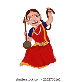 Pandavani Female Singer Wearing Traditional Attire Against White Background.