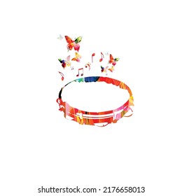 Pandeiro, Brazilian capoeira musical instrument, colorful with musical notes and butterflies vector illustration