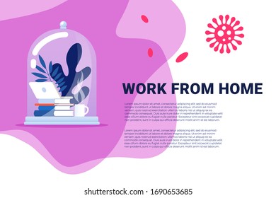ilustración de vector plano de pandemia.Trabajar en casa. Mujer independiente trabajando en laptop y computadora en casa. Gente en casa en cuarentena. 