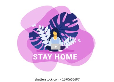 pandemia flat vector illustration.Working at home. Woman freelancer working on laptop and computer at home. People at home in quarantine. 