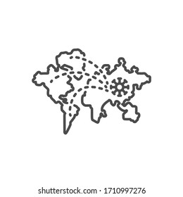 Pandemia related vector thin line icon. Worldwide spread of the virus. Isolated on white background. Editable stroke. Vector illustration.