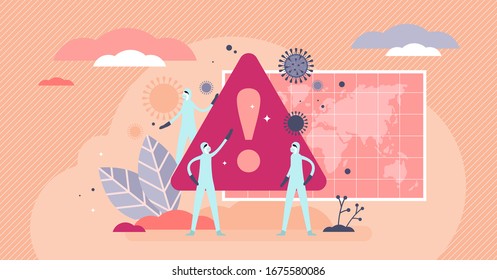 Pandemic alert concept, flat tiny persons vector illustration. Global virus spread emergency work. Stylized caution sign, viral bacteria and world map. Health care medical workers with protective wear