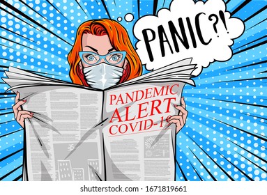 "Pandemic alert COVID-19". Pretty woman reading tabloid newspaper with safe face-mask, panic, shocking stories, scaremongering. Vector illustration in pop art style.