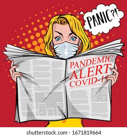 "Pandemic alert COVID-19". Pretty woman reading tabloid newspaper with safe face-mask, panic, shocking stories, scaremongering. Vector illustration in pop art style.