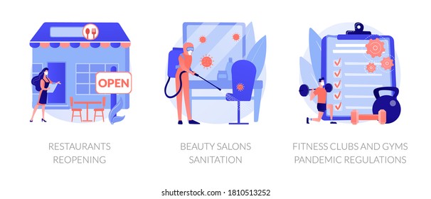 Pandemic business adaptation abstract concept vector illustration set. Restaurants reopening, beauty salons sanitation, fitness clubs and gyms pandemic regulations, distancing abstract metaphor.