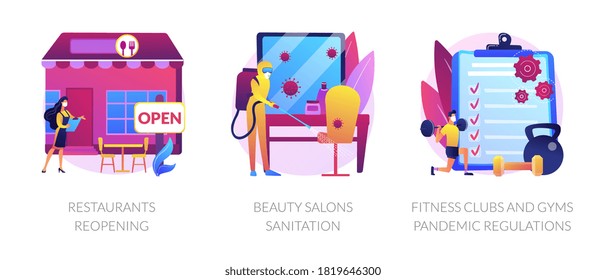 Pandemic business adaptation abstract concept vector illustration set. Restaurants reopening, beauty salons sanitation, fitness clubs and gyms pandemic regulations, distancing abstract metaphor.