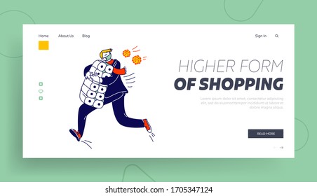 Pandemic Chaos, Global Panic and Worldwide Quarantine Regime Landing Page Template. Male Character in Mask Grab Toilet Paper in Supermarket Running from Covid 19 Cells. Linear Vector Illustration