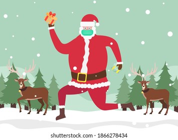 Pandemic christmas concept: Santa claus wearing facemask holding gift boxes with reindeer