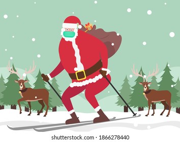 Pandemic Christmas Concept: Santa Claus Wearing Facemask Skiing On Snow