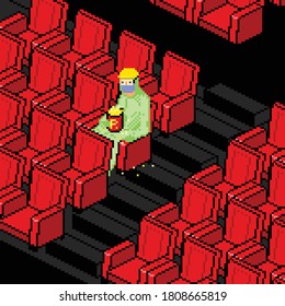 Pandemic Cinema people in cinema vector illustration pixel art style