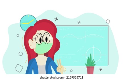 Pandemic classroom, women teacher wear mask flat design illustration