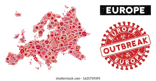 Pandemic collage Europe map and red rubber stamp seal with OUTBREAK text. Europe map collage designed with randomized microbe cell elements. Red round OUTBREAK seal stamp with dirty texture.