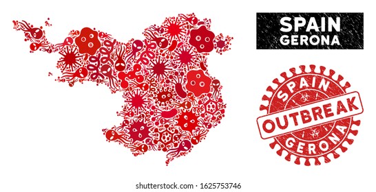Pandemic collage Gerona Province map and red grunge stamp seal with OUTBREAK phrase. Gerona Province map collage created with randomized viral symbols.