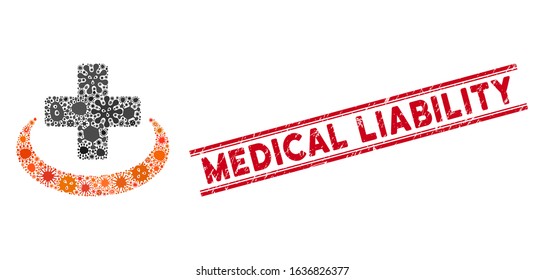 Pandemic collage medical community icon and red Medical Liability stamp between double parallel lines. Mosaic vector is formed with medical community icon and with random microbe elements.