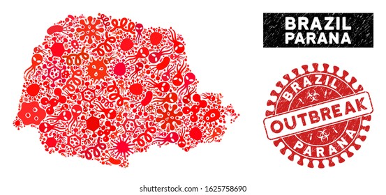 Pandemic collage Parana State map and red grunge stamp watermark with OUTBREAK phrase. Parana State map collage created with randomized microbe icons.