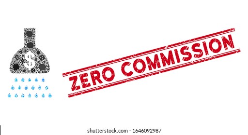 Pandemic collage payment shower icon and red Zero Commission stamp between double parallel lines. Mosaic vector is formed with payment shower icon and with randomized microorganism symbols.
