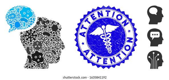 Pandemic collage person idea icon and rounded distressed stamp watermark with Attention caption and clinic icon. Mosaic vector is created with person idea icon and with scattered virus symbols.