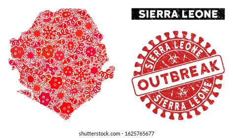 Pandemic collage Sierra Leone map and red distressed stamp watermark with OUTBREAK badge. Sierra Leone map collage created with randomized infectious items.