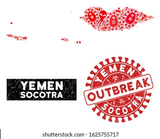 Pandemic collage Socotra Archipelago map and red rubber stamp seal with OUTBREAK message. Socotra Archipelago map collage composed with scattered pandemic icons.