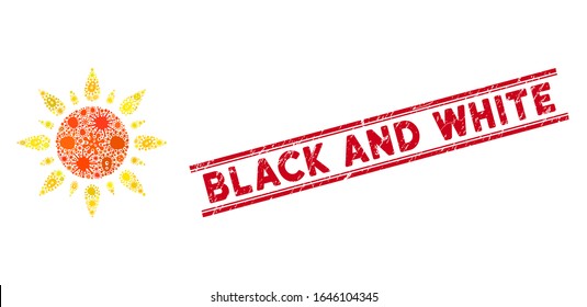 Pandemic collage sun light icon and red Black and White seal stamp between double parallel lines. Mosaic vector is composed with sun light icon and with randomized viral icons.