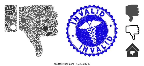 Pandemic collage thumb down icon and round grunge stamp watermark with Invalid caption and medicine icon. Mosaic vector is designed with thumb down icon and with random amoeba objects.