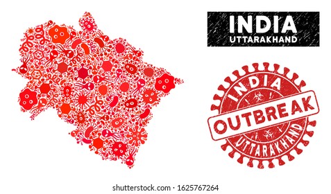Pandemic collage Uttarakhand State map and red corroded stamp seal with OUTBREAK message. Uttarakhand State map collage designed with randomized infection symbols.
