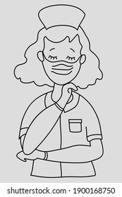 Pandemic concept. Pretty nurse in medical workwear, mask and blue gloves. A doctor saves people from a virus and a pandemic. Vector. outline, line