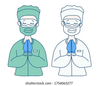 Pandemic concept. Surgeon and doctor in medical white and green clothes and virus protection equipment, masks and gloves from COVID-19. The doctor crossed his arms, closed his eyes, and prayed. 