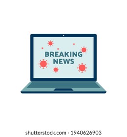 Pandemic Coronavirus breaking news on laptop screen, flat vector illustration isolated.