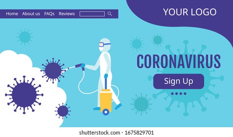 pandemic coronavirus covid-19 disinfectant or prevention spray website interface with precautionary costume wearing man illustration in flat style  