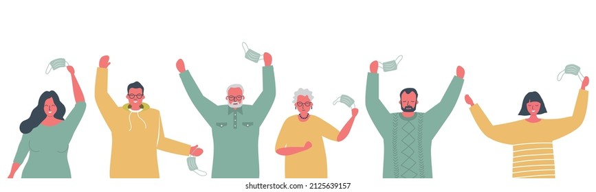 Pandemic coronavirus end. People are dancing from happiness. Six adults take off their face mask and are excited. Vector illustration