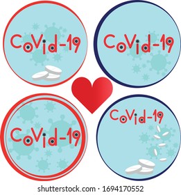 Pandemic coronavirus epidemic COVID-19. Medical pattern isolated set of round petri dish symbol icons logos with virus molecules on the surface, antiviral pills and the inscription text in English