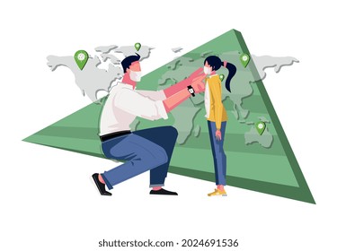Pandemic coronavirus flat composition with character of dad wearing protective mask on daughters face vector illustration