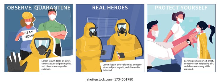 Pandemic coronavirus set with square compositions of text and human characters in face masks chemical suits vector illustration