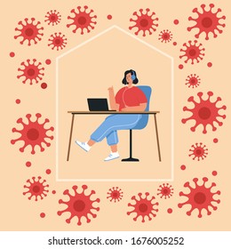 Pandemic of coronavirus and social distancing concept. Stay at home with self quarantine to help stop outbreak and protect virus spread. Woman self isolation in her home 