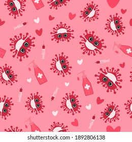 Pandemic Covid Valentines Day seamless pattern. Cute virus wearing protective mask. Coronavirus quarantine concept. Social distancing love vector background for cards, textile, fabric, wrapping paper.