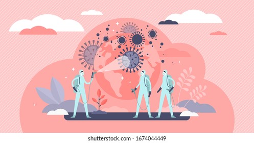 Pandemic crisis rescue operation , flat tiny person health care workers vector illustration. Disinfection process for controlling corona virus COVID-19 global world spread. Public health protection.