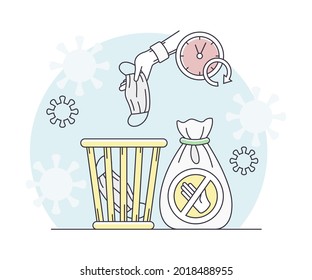 Pandemic with Disposable Mask Throwing in Dustbin as Safety Measure Line Vector Illustration