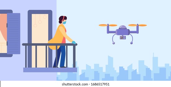 Un drone pandémico controla la cuarentena y el autoaislamiento de una chica con máscaras médicas y guantes en el balcón de un edificio alto contra el telón de fondo del paisaje urbano con espacio para texto