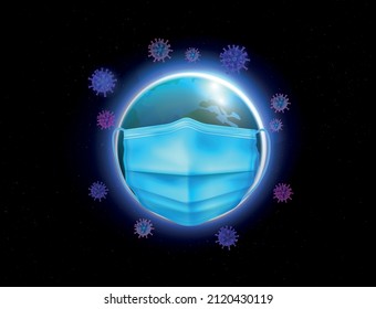 Pandemic earth composition with realistic earth globe bubble wearing protective mask surrounded by flying virus icons vector illustration