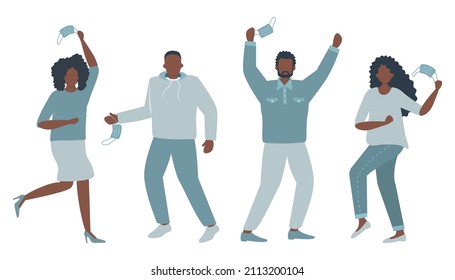 Pandemic end. Black people excitement. Taking off the masks. Four happy people without face masks. Vector illustration