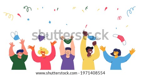 Pandemic end concept banner. A multiethnic group of people throws out protective masks. Lockdown off. Vector isolated illustration for design.