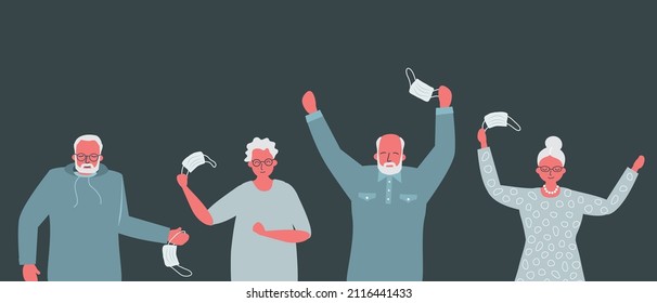 Pandemic End. Older People Are Dancing From Happiness. Four Adults Take Off Their Mask. Old Men And Old Women Rejoice And Dance. Vector Illustration