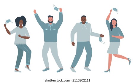 Pandemic End. People Are Dancing From Happiness. Four Adults Take Off Their Face Mask And Are Excited. Vector Illustration