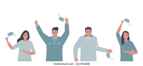 Fin de la pandemia. La gente está bailando de felicidad. Cuatro adultos se quitan la máscara y están emocionados. Ilustración del vector