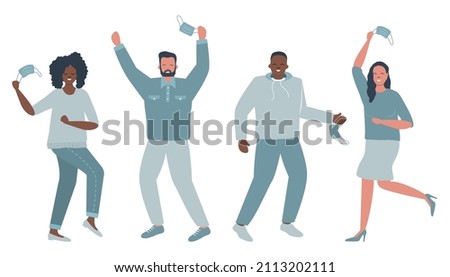 Pandemic end. People are dancing from happiness. Four adults take off their face mask and are excited. Vector illustration