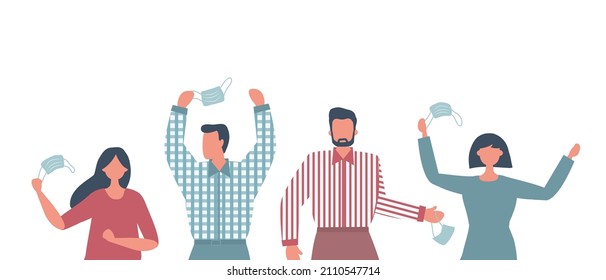 Pandemic end. People excitement. Taking off the masks. Four happy people without face masks. No virus spread. Vector illustration
 